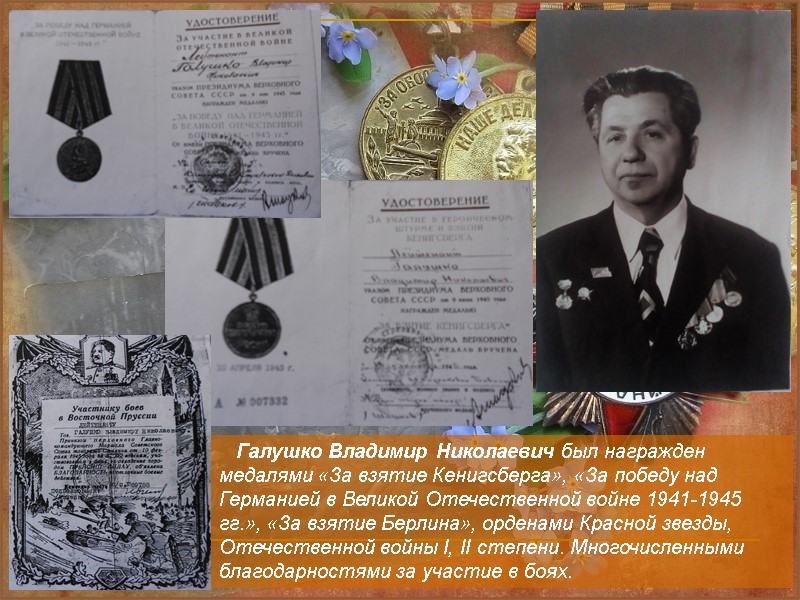 Галушко Владимир Николаевич был награжден медалями «За взятие Кенигсберга», «За победу над Германией в